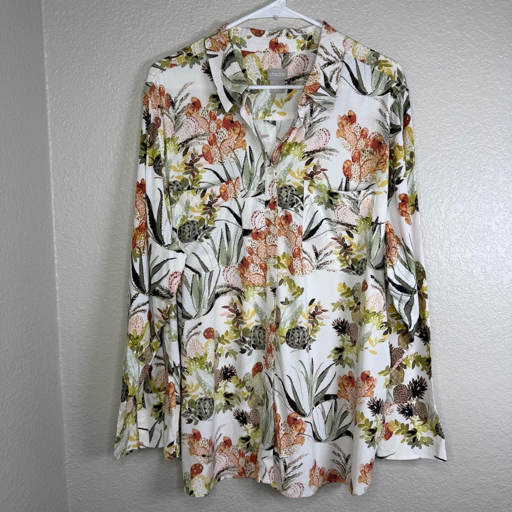 Chico’s Women’s Desert Bouquet Half Placket Long Sleeve Boho Blouse Top Size 3